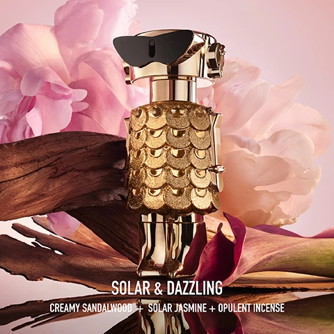 Image 1, solar and dazzling. creamy sandalwood, solar jasmine and opulent incense. image 2, fam intense. how to refill. 1 - twist the head. 2 - refill auto stop. 3 - twist the head back on. 4 - press to seal