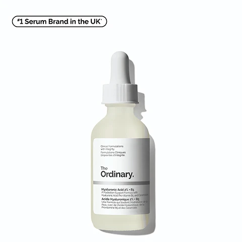 Image 1 - A dropper bottle of The Ordinarys Hyaluronic Acid 2% + B5 serum is shown, with a label that reads Clinical Formulations with Integrity, and the text *#1 Serum Brand in the UK* appears above the image.
Image 2 - A close-up image of a clear tube filled with liquid, with text indicating Instant Results for: Plumping Hydration and Smoother-Feeling Skin.
Image 3 - Image shows a before-and-after comparison of skin texture on the forehead, with visible differences in hydration and plumpness; text reads Visibly hydrates and plumps, Before, After, and includes a footnote stating Testing on 34 panellists using the product 2x/day.
Image 4 - A close-up of a man applying a skincare product to his cheek, showcasing a smooth, hydrated complexion, with visible text labels reading Hydrating, Smoothing, and Plumping.
Image 5 - Image of a dropper bottle with a clear serum on a flat surface, featuring text that highlights key ingredients in Hyaluronic Acid 2% + B5 with Ceramides, including 5 forms of Hyaluronic Acid providing hydration to multiple layers of the skin, Ceramides supporting the skin barrier, and Pro-vitamin B5 helping keep moisture locked in.
Image 6 - An infographic about The Ordinarys Hyaluronic Acid 2% + B5, featuring a dropper bottle illustration, and tips for pairing the product with different hacks for hydrating lips, body, hands, and face, along with details on using it after microneedling, and visible text includes THINK OUTSIDE THE BOTTLE, LIPS + HA, BODY HACK, NATURAL MOISTURIZING FACTORS + HA, HAND HACK, FACE HACK, and MICRONEEDLING.
Image 7 - Image shows three skincare products from The Ordinary: Squalane Cleanser for prepping, Hyaluronic Acid 2% + B5 for treatment, and Natural Moisturizing Factors + HA for sealing; visible text reads Build Your Regimen, Cleanse skin and remove makeup, Hydrate and plump the skin, and Supports the skin barrier.
Image 8 - Image shows two glass bottles of a skincare product, one labelled 30 mL as standard and suitable for travel, and the other labelled 60 mL as bigger and value size, with additional text indicating the product is Hyaluronic Acid 2% + B5 from The Ordinary.