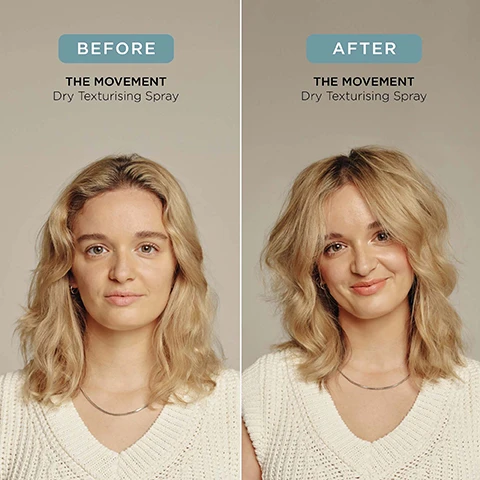 Image 3 - A before and after comparison image shows a woman with blonde hair; on the left, her hair is flatter with a neutral expression, and on the right, her hair has significantly more volume and texture, and she is smiling, with text that reads BEFORE THE MOVEMENT Dry Texturising Spray and AFTER THE MOVEMENT Dry Texturising Spray. Image 4 - A hand holds a teal aerosol can on a light background, with instructions and tips printed alongside it, reading HOW TO USE: On dry hair, spray The Movement into roots, lengths and ends then zhuzh using fingers. For a softer hit of volume and texture, spray onto a brush and comb through. TOP TIPS: For a midday refresh, spritz in at the roots and zhuzh. For extra volume, tip your head upside down, spray onto roots and blow dry with a cold blast. The can itself reads THE MOVEMENT DRY TEXTURIZING SPRAY SPRAY TEXTURISANT A SEC NET WT. 200mLe 4.0 OZ (122g). Image 5 - A person with dynamic, flowing gray hair partially covering their smiling face, with text describing product benefits: Flexi-Hold Technology helps hair hold shape & style, Baobab Oil for scalp moisture & hair shine, and Vitamin E supports scalp health. Image 6 - A still life image displays red tomatoes, honeysuckle flowers, redcurrants, and botanical stems against a light background, with text that reads: SMELLS LIKE: NO ONE ELSIE, A fresh and elevated fragrance inspired by Adam’s grandmother’s English greenhouse. HEAD NOTES RHUBARB TOMATO LEAF, HEART NOTES HONEYSUCKLE REDCURRANT, GROUND NOTES VETIVER INCENSE. Image 7 - A smiling woman with voluminous curly hair, wearing a white tank top, gently touches her cheek, while the text in the top left states MADE WITHOUT: AMMONIA, LACTOSE, LATEX, MINERAL OIL, PARABENS, SILICONE, SULPHATE, GLUTEN, and icons on the right list VEGAN, Certified B Corporation, MADE WITH RECYCLED CONTENT, Cruelty Free International, and AWARD WINNING.