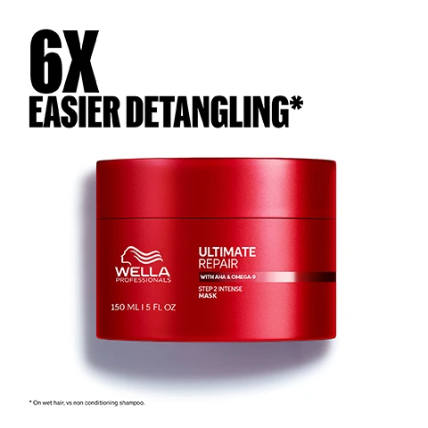 Image 1 - A red Wella Professionals Ultimate Repair hair mask jar is displayed on a white background with large black text above reading 6X EASIER DETANGLING*, and small black text below stating * On wet hair, vs non conditioning shampoo; the jar itself shows the Wella Professionals logo, Ultimate Repair, With AHA & Omega-9, Step 2 Intense Mask, and 150 ML | 5 FL OZ. Image 2 - A graphic features a translucent white shape containing two shiny red spheres, labeled AHA and OMEGA-9, accompanied by the text: PATENTED TECHNOLOGY, REBUILD BONDS INSIDE WITH AHA, and REPLENISH HAIR OUTSIDE WITH OMEGA-9. Image 3 - A white background image shows a transition between two red Wella hair mask tubs, with the old design on the left and the new design on the right, connected by a black arrow, and the visible text reads New Design Same Great Formula, with the left tub showing Wella Professionals Ultimate Repair Mask With AHA & Omega-9 repairs, strengths & smooths all hair types 150 mL (5.1 FL OZ) e, and the right tub showing Wella Professionals Ultimate Repair With AHA & Omega-9 Step 2 Intense Mask 150 ML 5 FL OZ. Image 4 - A close-up of deep red flower petals with white text overlaid reading FRAGRANCE The Tender Petal fragrance is a floral fruity green, with a delicate blend of peony and rose.