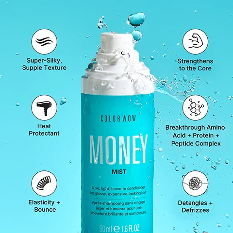 A turquoise spray bottle of Color Wow Money Mist hair product is surrounded by splashing water, with text that reads Color Wow Money Mist, Luxe, light, leave-in conditioner for glossy, expensive-looking hair, Après-shampooing sans rinçage léger et luxueux pour une chevelure brillante et somptueuse, 50 ml e 1.6 FL.OZ, Super-Silky, Supple Texture, Heat Protectant, Elasticity + Bounce, Strengthens to the Core, Breakthrough Amino Acid + Protein + Peptide Complex, and Detangles + Defrizzes.
