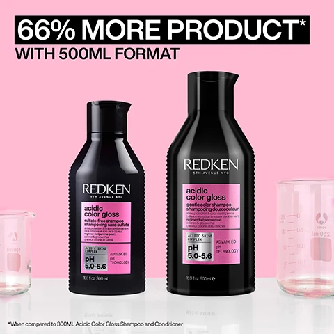 Image 1, 66% more product with 500ml format. when compared to 300ml acidic colour gloss shampoo and conditioner. image 2, acidic ph formula seals the cuticle. locking in colour vibrancy and shine for up to 16 washes. when using shampoo and conditioner. image 3, how to use acidic colour gloss. 1 = shampoo and rinse. 2 = apply treatment to towel dried hair from mid-lengths to ends. leave on for 5 minutes. rinse. recommended to wear suitable disposable gloves. 3 = apply conditioner from mid lengths to ends to lock in moisture. rinse. 4 = spray leave in liberally to damp hair, then style. image 4, before and after boost colour vibrancy for up to 16 washes. using acidic colour gloss shampoo and conditioner. image 5, before and after one use of acidic colour gloss system. image 6, 1 = cleanse. 2 = gloss. 3 = condition. 4 = leave in and protect. image 7, sulfate for gentle. image 8, glass like shine for up to 3 days. before and after. look created using redken SEQ salon only service and acidic colour gloss. consumer test using acidic colour gloss system. image 9, customer review = life changing. i dye my hair regularly due to colour fading so fast using other shampoos. however, this has maintained my colour and if anything made it look more vibrant and glossy than before. recieved the product to try from marie claire beauty drawer feb 2024.