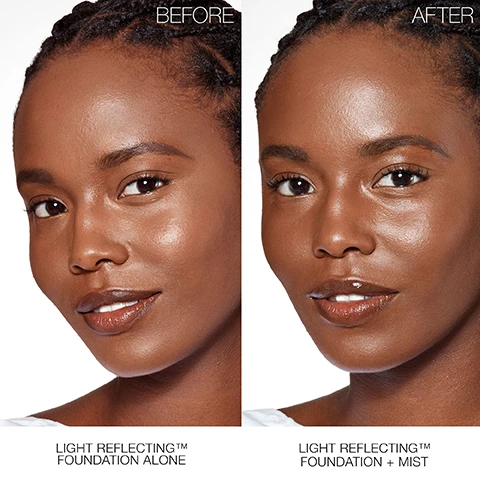 image 1, before and after. light reflecting foundation alone vs with light reflecting foundation and mist. image 2, makeup maximised, skin satisfied. hydrates with microalgae sprilina extract. soothes and calms skin with purslane extract. locks makeup in place with invisible lock technology. image 3, radiant results. 98% agree makeup lasts longer and looks better. 24 hour of locked in hydration. 12 hour of prolonged makeup wear. image 4, 1 = light reflecting hydrating primer. 2 = light reflecting foundation. 3 = light reflecting setting powder. 4 = light reflecting makeup setting mist.