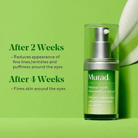 Image 1, After 2 Weeks • Reduces appearance of fine lines/wrinkles and puffiness around the eyes After 4 Weeks . Firms skin around the eyes Murad. Retinol Youth Renewal Eye Serum Sérum contour des yeux rajeunissant au rétinol Image 2, Before RETINOL YOUTH RENEWAL EYE SERUM After 4 weeks Image 3, 100% SHOWED VISIBLE IMPROVEMENT IN WRINKLES (GLABELLA LINES, AKA ELEVENS) Murad. RESURGENCE Targeted Wrinkle Corrector Correcteur ciblé pour les rides 88% AGREED FACIAL EXPRESSION LINES LOOK SMOOTHER* 96% SAW SMOOTHER TEXTURE ON APPLIED AREAS* *Results reported by trial participants, ages 35-65, in a 4-week clinical study. Image 4, Before TARGETED WRINKLE CORRECTOR Immediately after Image 5, Rapid Wrinkle Repair Value Kit 01 Your Favourite Cleanser Cleanses, refreshes + preps for treatment Targeted Meal 02 Wrinkle Corrector Erases the look of wrinkles. Application tip: Tap on the area. Don't rinse. 04 Your Favourite Moisturiser Hydrate + don't forget to apply SPF during the day. Retinol 03 Eye Serum Prevents + reduces visible wrinkles all around the eyes (including lids!)