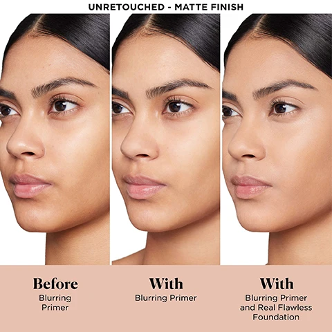 Image 1 and 2, unretouched matte finish. before blurring primer. with blurring primer. with blurring primer and real flawless foundation. image 3, which formula is right for my skin type? dry flakey and fine lines, you'll love pure canvas primer hydrating. oily, combination, enlarged pores, textured, you'll love pure canvas primer blurring. dull, uneven and dark spots, you'll love pure canvas primer illuminating. image 4, extends makeup wear for 16 hours. blurs skin texture and reduces the appearance of pores. smooths skin for seamless makeup application. image 5, skin perfecting complex = blend of rose extracts moisturises, protects and smooths skin. red clover flower extract = controls oil and decreases appearance of pores over time. silica = diffuses light and instantly blurs. image 6, 100% agree primer provides a mattifying finish. 94% agree primer makes skin look more even. 94% agree primer feels weightless on skin. after 3 weeks of consumer testing on 30 women. image 7, new and improved. pure canvas primer blurring. we kept what you loved = extends makeup wear, improves skin's texture, reduces the look of pores. and made it even better = controls shine and extends makeup wear for 16 hours. refines skin's texture instantly and over time. visibly reduces the appearance of pores instantly and over time. image 8, new and improved. if you liked hydrating or supercharged essence you'll love new hydrating primer. if you like illuminating or perfecting primer you'll love new illuminating primer. if you liked blurring primer you'll love new blurring primer. if you liked protecting SPF 30 you'll love new blurring primer and tinted moisturiser with SPF.