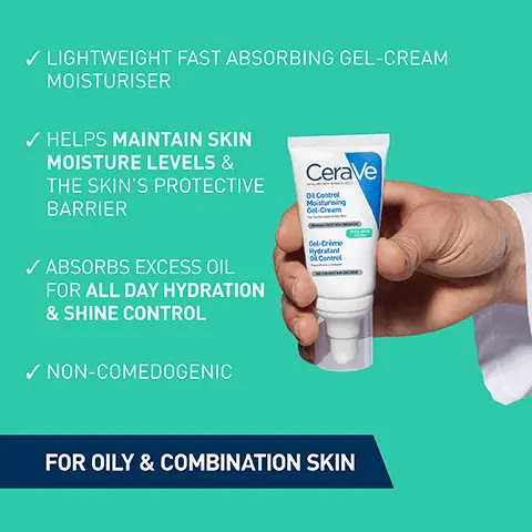 Image 1, LIGHTWEIGHT FAST ABSORBING GEL-CREAM MOISTURISER ✓ HELPS MAINTAIN SKIN MOISTURE LEVELS & THE SKIN'S PROTECTIVE BARRIER ✓ ABSORBS EXCESS OIL FOR ALL DAY HYDRATION & SHINE CONTROL ✓ NON-COMEDOGENIC CeraVe Oil Control Moisturising Get-Cream Gel-Crime Hydratant O Centrel FOR OILY & COMBINATION SKIN Image 2, GIL-CONTROL 3 ESSENTIAL CERAMIDES HYALURONIC ACID OIL-ABSORBING TECHNOLOGY Image 3, BRAND RECOMMENDED BY DERMATOLOGISTS Image 4, morning routine for oily skin