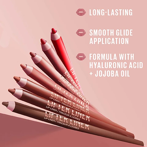 image 1, long lasting, smooth glide application, formula with hyaluronic acid and jojoba oil. image 2, smooth, easy overlining. sharpenable tip. image 3, shade swatches. image 4, 3 ways to lifter liner. overline, gradient, full lip. image 5, without and make it combo. image 6, step 1 = lifter liner, step 2 = lifter gloss, make it combo