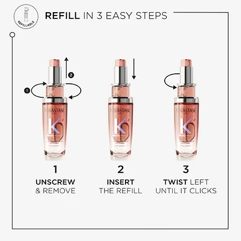 Image 1, refill in 3 easy steps. 1 = unscrew and remove. 2 = insert the refill. 3 = twist left until it clicks. Image 2, RADIANCE SUBLIMATING HAIR OIL LONG-LASTING RADIANCE PRESERVES HAIR COLOUR ENDOWS HAIR WITH AN ALLURING FRAGRANT HALO KÉRASTASE PARIS K CHROMA ABSOLU L'HUILE CHROMA ECLAT REFILLABLE COLOUR-TREATED HAIR Image 3, HOW TO USE APPLY 1 OR 2 DROPS ON WET OR DRY HAIR, AS A LEAVE-IN TREATMENT. START FROM MID-LENGTH AND WORK TO ENDS. STYLE AS DESIRED. KÉRASTASE PARIS K CHROMA ABSOLU CAN BE USED AS A POST-BLOW DRY OIL AND FOR FINISHING &TOUCH-UPS DURING THE DAY L'HUILE CHROMA ECLAT REFILLABLE CENTELLA ASIATICA RECHERCHE ANGE