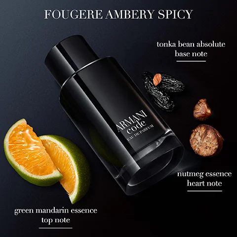 fourgere ambery spicy. tonka bean absolute base note. green mandarin essence top note. nutmeg essence heart note.