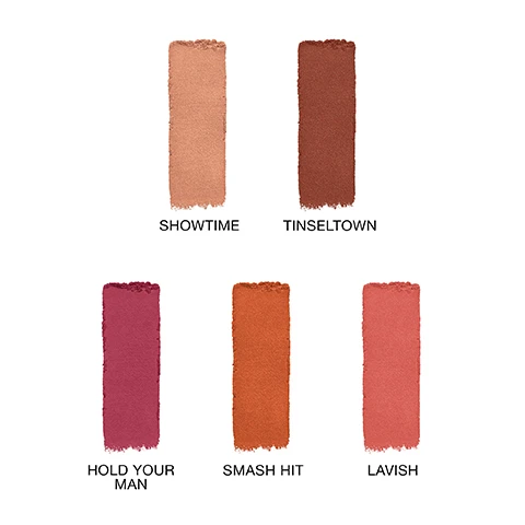 Image 1, swatches of showtime, tinseltown, hold your man, smash hit, lavish. image 2, shade - apply lavish all over lid and tinseltown through crease. sweep both across lower lashline. blush - swirl lavish and smash hit on the apply of cheek and toward the temple. highlight - illuminate the high point of cheekbone with showtime.