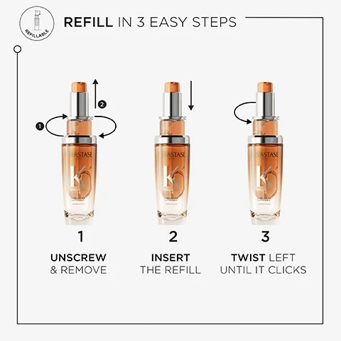 Image 1, refill in 3 easy steps. 1 = unscrew and remove. 2 = insert the refill. 3 = twist left until it clicks. Image 2, CONTROL-IN-MOTION HAIR OIL LESS FRIZZ MORE MANAGEABILITY MORE SMOOTHNESS HEAT PROTECTION KÉRASTASE PARIS K DISCIPLINE VOLUMINOUS & UNRULY HAIR OLEO RELAX REFILLABLE Image 3, HOW TO USE APPLY 1 OR 2 DROPS ON WET OR DRY HAIR, AS A LEAVE-IN TREATMENT. START FROM MID-LENGTH AND WORK TO ENDS. STYLE AS DESIRED. CAN BE USED AS A POST-BLOW DRY OIL AND FOR FINISHING &TOUCH-UPS DURING THE DAY KÉRASTASE PARIS DISCIPLINE OLEO RELAX REFILLABLE МОРНО-МЕ M