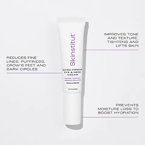 REDUCES FINE LINES, PUFFINESS, CROW'S FEET AND DARK CIRCLES. IMPROVES TONE AND TEXTURE, TIGHTENS AND LIFTS SKIN. PREVENTS MOISTURE LOSS TO BOOST HYDRATION. Ingredients, Peptide Complex, stimulates collagen production to help support, strengthen and smooth the skin. Marine Collagen, algae based and vegan, our marine collagen helps to support and strengthen the skin, boost hydration and elasticity, resulting in firmer, smoother skin. Ultra-firming eye & neck cream. SKINTEL, super dry skins can use this as an all over moisturising treatment.
