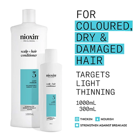 Image 10 - The image displays an old Nioxin conditioner bottle on the left and a new Nioxin conditioner bottle on the right, both white with different label designs, illustrating a packaging update; the text visible in the image reads NEW LOOK same great formula, Old, New, and on the left bottle NIOXIN 3 COLOR SAFE SCALP THERAPY REVITALIZING CONDITIONER STEP 2 COLORED HAIR LIGHT THINNING 1L, and on the right bottle nioxin PRO CLINICAL scalp + hair conditioner 3 LIGHT THINNING COLOURED/DRY / DAMAGED HAIR CLINICALLY & DERMATOLOGICALLY TESTED 1000ML. Image 2 - Two white bottles of Nioxin PRO CLINICAL scalp + hair conditioner, one 1000mL and one 300mL, both with turquoise labels displaying 3 Light Thinning Coloured / Dry / Damaged Hair Clinically & Dermatologically Tested, are shown next to text that reads FOR COLOURED, DRY & DAMAGED HAIR TARGETS LIGHT THINNING 1000mL 300mL THICKEN NOURISH STRENGTHEN AGAINST BREAKAGE. Image 3 - A bright blue background features three white Nioxin hair care bottles: a Nioxin PRO CLINICAL scalp + hair treatment, a Nioxin PRO CLINICAL scalp + hair shampoo System 3 for Light Thinning Coloured Hair Damaged Hair, and a Nioxin PRO CLINICAL scalp + hair conditioner System 3 for Light Thinning Coloured Hair Damaged Hair, overlaid with the promotional text Use System Kit 3 to see RESULTS IN JUST 30 DAYS* and the disclaimer *Results with everyday use. Based on a survey among 230 U.S. panelists concerned about thinning hair who tried the systems (each tested 1 system kit), conducted by SIRS, 2016. Image 4 - A woman with long, wavy blonde-brown hair looks to the right, alongside text that reads: FOR THICKER, FULLER HAIR. THICKENS, STRENGTHENS & NOURISHES LIGHT THINNING HAIR. LEAVES HAIR THICKER, FULLER WHILE MAINTAINING VIBRANT COLOUR. FORMULATED WITH POWERFUL NIACINAMIDE & BIOTIN. CLINICALLY & DERMATOLOGICALLY TESTED. Image 5 - A person holds a white Nioxin Scalp + Hair Conditioner bottle under splashing water, displayed next to a turquoise panel containing usage instructions: Nioxin Pro Clinical Scalp + Hair Conditioner 3 Light Thinning Coloured/Dry/Damaged Hair Clinically & Dermatologically Tested 1000mL HOW TO USE scalp + hair conditioner 1 Work Conditioner through the hair, from scalp to ends 2 Rinse thoroughly to make sure all product is removed. Image 6 - The image displays two sections, the first showing light green liquid with bubbles beside the text Mentha Arvensis Leaf Oil. Also known as wild mint oil, this oil is known for its refreshing and invigorating benefits to the scalp. and the second featuring light greenish-gray liquid with a bubble next to the text Peppermint Oil. Can assist in regulating sebum production and controlling oiliness. Image 7 - A creamy white substance is spread in wavy lines on a light background, with text that reads NIOXIN SCALP & HAIR CONDITIONER result: Restores moisture and resilience, as it promotes vitality and health to the scalp and hair. Image 9 - A blue background displays the Nioxin logo and text that reads Nioxin PRO CLINICAL, NIOXIN GROWS RESULTS™, Only Nioxins Advanced Scalp Science Can Support Stronger Hair From the Root for Results You Can See and Feel.
