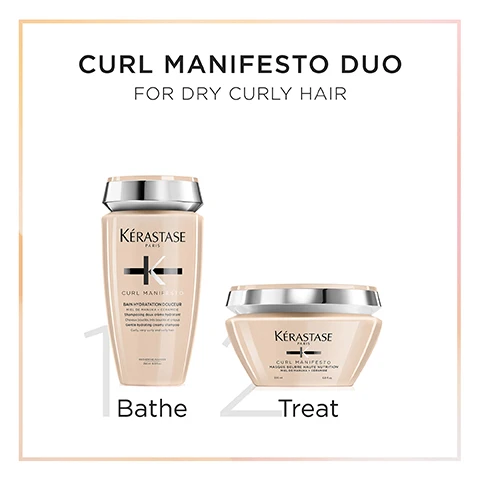 Image 1 - Image shows two hair care products from Kérastase called Curl Manifesto Duo, including a shampoo bottle on the left labeled Bathe and a treatment jar on the right labeled Treat, with a header that reads Curl Manifesto Duo for Dry Curly Hair.
Image 2 - Image of a Kérastase hair care box with a soft gradient background featuring the text Kérastase PARIS, CURL MANIFESTO, and information about the packaging being made of 89% recycled fibers, recyclable, and certificated FSC.