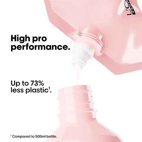 Image 1 - A close-up image of a pink plastic bottle with a nozzle dispensing a white liquid, featuring text that reads High pro performance and Up to 73% less plastic.
Image 2 - Image shows a LOreal hair care product set consisting of a pink pouch labeled Vitamin Color with a capacity of 500ml, next to a matching pink bottle also labeled Vitamin Color with a capacity of 500ml, along with the text Your 6-month pack and details about the pouch and bottle sizes.
Image 3 - An image featuring a creamy, foamy substance with the text Protect colour. Colour lasts longer, for up to 8 weeks. Up to 6x shinier hair. Up 48h long lasting shine. *Instrumental test after application of Shampoo + Conditioner.
Image 4 - A woman with long, straight hair seen from the back, showing a comparison of hair texture before and after using a product, with the words Before and After at the top, and product bottles at the bottom, along with the text Not retouched.
Image 5 - Image showing a step-by-step guide on how to refill a shampoo bottle, with numbered instructions: 01 Take your empty shampoo bottle. Do not rinse it. Unscrew the bottle & refill caps. 02 Take the refill pouch and pour it up slowly inside the bottle. 03 Screw the cap and use your shampoo as usual. Refill the bottle maximum 3 times.
Image 6 - An image of LOreal hair care products showing a large refill pouch labeled Vitamin O Color alongside two smaller bottles, with visible text stating Refill your bottles, 1 pouch 500ml = 1x 500ml or 1.5x 300ml and a description of the shampoo as Shampooing professionnel.
Image 7 - Image shows a comparison of hair before and after using a product, with the left side labeled Before showing frizzier curls, and the right side labeled After displaying defined curls, accompanied by three hair care products at the bottom labeled not retouched.
Image 8 - Image shows four steps illustrating the use of LOréal Vitamin Color hair care products: step 1 features a bottle and a pouch, step 2 shows the cap being twisted off, step 3 indicates the pouch being squeezed, and step 4 displays the bottle filling with the product.
Image 9 - A collection of shampoo and conditioner bottles and refill pouches arranged neatly, featuring a variety of hair care products with labels visible, alongside the text New refills. Available for all top sellers.