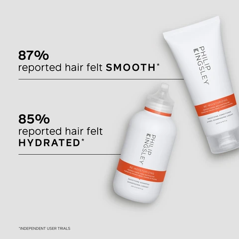Image 1 - Image shows a side-by-side comparison of a persons hair before and after styling; the left side displays frizzy, wavy hair, and the right side shows straight, smooth hair with a polished finish, labeled BEFORE on the left and AFTER on the right.
Image 2 - A person is holding a tube of Philip Kingsley Re-Moisturizing conditioner, with key benefits listed on the right side including intensely hydrates, reduces frizz, and optimizes moisture retention.
Image 3 - A white tube of Philip Kingsley Re-Moisturizing Smoothing Conditioner with orange accents, displaying key ingredients: Hydrolyzed Oat Protein, which softens hairs texture and aids moisture retention, and a Unique Blend of Waxes that smooth and moisturize cuticles for reflective shine.
Image 4 - A person holds a tube of Philip Kingsley Re-Moisturizing Smoothing Conditioner, with visible text showing a trichologist tip to gently work the conditioner into mid-lengths and ends of the hair, avoiding the roots and rinsing well.
Image 5 - Image of a tube of Philip Kingsley Re-Moisturizing Smoothing Conditioner standing upright with bubbles around it, featuring text stating 87% reported hair felt HYDRATED and SOFT* and 82% reported hair felt SMOOTH*, along with the note *INDEPENDENT USER TRIALS.
Image 6 - Alt text generation failed
Image 7 - A person holds a bottle of Philip Kingsley Re-Moisturizing Smoothing Shampoo, which features a white body and a red label, with the text KEY BENEFITS and three bullet points outlining the benefits of the product.
Image 8 - Image shows two side-by-side photos of a persons hair; on the left, the hair is wavy and unstyled labeled as BEFORE, and on the right, the hair is smooth and straight labeled as AFTER.
Image 9 - Before and after images show a persons hair: on the left, the hair is curly and frizzy, while on the right, it is straight and smooth; visible text indicates BEFORE above the left image and AFTER above the right image.