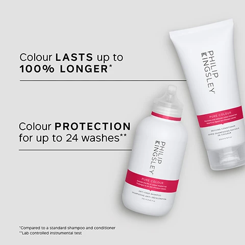 Image 1 - Image shows two hair care products from Philip Kingsley: a shampoo bottle and a conditioner tube with text stating Colour LASTS up to 100% LONGER* and Colour PROTECTION for up to 24 washes**.
Image 2 - Image of a shampoo bottle and conditioner tube from Philip Kingsley, with a customer review stating that both products leave hair shiny and healthy, and expressing satisfaction with how they maintain color.
Image 3 - Image showing two side-by-side photos of a woman’s hair labeled BEFORE on the left, depicting straight, shiny brown hair, and AFTER on the right, showcasing voluminous, wavy brown hair with more body and texture.