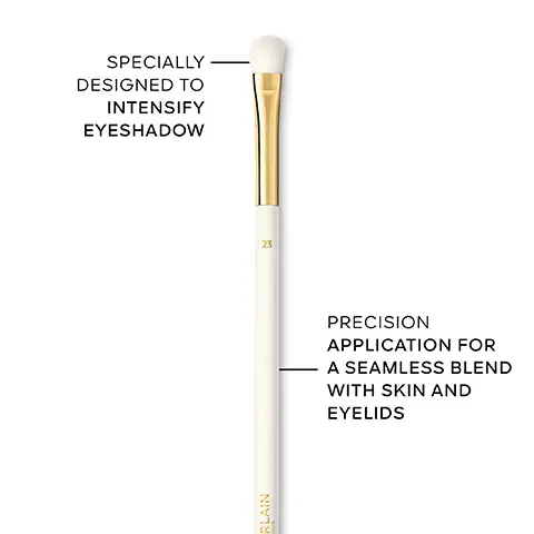 Image 1 - A makeup brush with a soft, white bristle tip and a gold ferrule, accompanied by the text that reads SPECIALTY DESIGNED TO INTENSIFY EYESHADOW and PRECISION APPLICATION FOR A SEAMLESS BLEND WITH SKIN AND EYELIDS.
Image 2 - Image shows two makeup brushes with descriptions alongside each: the top brush has a tip designed to intensify eyeshadow with a precise, light touch and is labeled 23, while the bottom brush has a tip designed to blend eyeshadow with a precise, light touch and is labeled 21.
Image 3 - Image shows a collection of makeup brushes arranged horizontally with labels identifying each brush: FACE section includes Fluid & Powder Foundation Brush, Fluid Foundation Brush, Powder Brush, and Blush & Highlighter Brush; EYES section includes Eyeshadow Blending Brush and Eyeshadow Shading Brush.