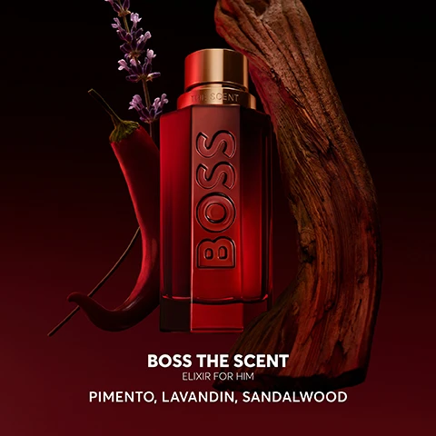 Image 2 - A red bottle of Boss perfume is displayed against a dark background, accompanied by a green chili pepper, lavender flowers, and a piece of wood, with the text reading BOSS THE SCENT ELIXIR FOR HIM PIMENTO, LAVANDIN, SANDALWOOD.
Image 3 - A bottle of BOSS fragrance in a sleek design with a prominent logo, accompanied by a testimonial from Vic at Home Tester Club and a five-star rating.
Image 4 - A display of four perfume bottles labeled BOSS, featuring Eau de Toilette, Magnetic Eau de Parfum, Parfum, and Elixir, with descriptions of scent mood, family, notes, and intensity level below each bottle.
Image 5 - A display of two red perfume bottles with embossed BOSS labels, set against a dark background, with the text BOSS and THE SCENT ELIXIR at the top.