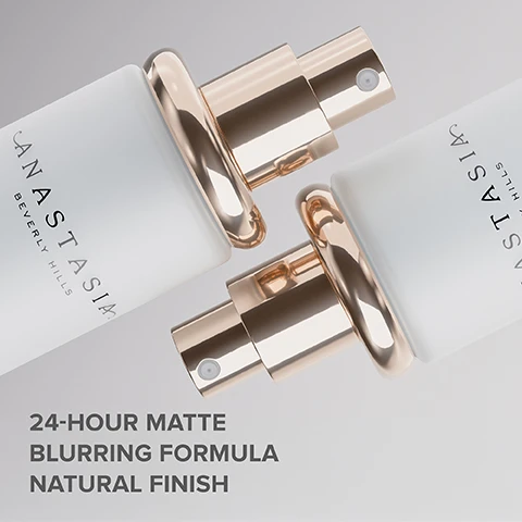 Image 1 - Image shows two skincare bottles with frosted white surfaces and glossy rose gold caps, featuring text that reads 24-HOUR MATTE BLURRING FORMULA NATURAL FINISH and the brand name ANASTASIA BEVERLY HILLS.
Image 2 - A frosted spray bottle with a gold cap labeled Anastasia Beverly Hills Impeccable Setting Spray with text stating 24-hour long-wearing mattifying formula, instantly controls shine + blurs pores, and lightweight, non-sticky feel.
Image 3 - A close-up of a woman with clear skin, smiling softly while touching her face, and the text states 99% agree their skin looks matte and shine-free after using it and includes a note about an independent study of 100 women.
Image 4 - A close-up portrait of a woman with dark skin and long, wavy hair, accompanied by instructions that read Shake well. Hold 6-8 inches from your face and mist 2-4 times in an X and T pattern for even coverage.
Image 5 - Image shows two cosmetics setting sprays side by side; on the left is the Impeccable Setting Spray, described as having a matte finish, offering benefits of 24HR wear, blurring, mattifying, and hydrating, ideal for all skin types, especially oily, with a scent of yuzu ginger; on the right is the Dewy Set Setting Spray, described as having a dewy finish, hydrating benefits, ideal for all skin types, especially oily, with a scent of coconut-vanilla.