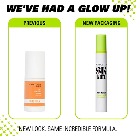 Image 1 - Image shows two skincare products side by side; on the left is a white bottle with an orange label labeled BRIGHTEN and on the right is a green and white spray can labeled WIDE AWAKE, with the text WEVE HAD A GLOW UP! NEW LOOK. SAME INCREDIBLE FORMULA.