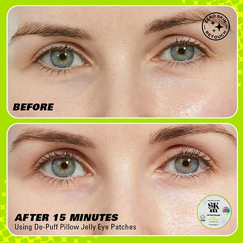 Image 1 - The image shows a side-by-side comparison of two sets of eyes; the top labeled BEFORE displays puffy under-eye areas, while the bottom labeled AFTER 15 MINUTES shows a smoother appearance after using De-Puff Pillow Jelly Eye Patches.
Image 2 - An image comparing the previous and new packaging of eye patches, featuring a black circular container labeled HYDRATE and a green circular container labeled DE-PUFF PILLOW, both from Revolution Skin, with the text WEVE HAD A GLOW UP! NEW LOOK. SAME INCREDIBLE FORMULA.