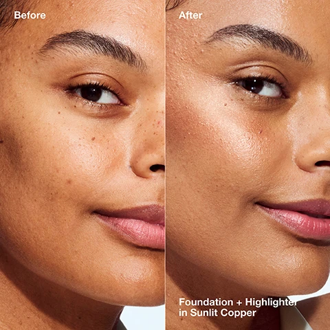 Image 1 - A side-by-side comparison of a persons face showing the left side labeled Before with freckles and a natural look, and the right side labeled After with a smooth complexion enhanced by makeup, including text at the bottom that reads Foundation + Highlighter in Sunlit Copper.
Image 2 - Image shows a textured peach-colored background with large black text stating 19% skin-conditioning ingredients.
Image 3 - Three arms of different skin tones display swatches of metallic shades with labels 01 to 04, including the names Moonlit Pearl, Starlit Glow, Daylit Bronze, and Sunlit Copper.
Image 4 - Image shows several circular compacts with different shades of makeup inside, alongside text that states Formula facts, Clinical expertise: Dermatologist tested, Allergy tested, and Free of: Fragrance, SLS, SLES.
Image 5 - Image shows four swatches of cosmetic powders in various shades: Starlit Glow (light beige), Moonlit Pearl (soft beige), Sunlit Copper (rich bronze), and Daylit Bronze (warm brown), each labeled next to the swatches.