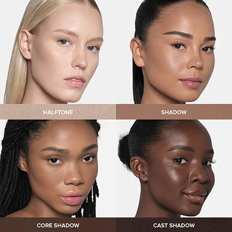 Image 1 - Image shows four models with varying skin tones wearing makeup alongside color swatches labeled HALFTONE, SHADOW, CORE SHADOW, and CAST SHADOW. Image 2 - Three arms show swatches of four brown shades, labeled on the middle arm as HALFTONE SHADOW CORE SHADOW CAST SHADOW. Image 3 - Three makeup sticks in different shades are shown with text describing them as LIGHTWEIGHT, CREAMY FORMULA WITH A DEWY, SKIN-LIKE FINISH, GEL-LIKE TEXTURE BLURS + BLENDS WITH SEAMLESS COVERAGE, and COOL TONES MIMIC SHADOW FOR NATURAL DEFINITION. Image 4 - A swatch of creamy brown makeup product with the text CONTOUR. DEFINE. PERFECT. Non-greasy, non-sticky + non-slip Effortlessly blends without streaking Vitamin E helps to moisturize. Image 5 - A womans face demonstrating where to apply contour makeup with labels pointing to Forehead near the hairline + temples, Tips + sides of the nose, Hollows of the cheek, and Chin + jawline. Image 6 - Image shows a cool-toned brown contour swatch next to a warm-toned brown bronzer swatch with text reading CONTOUR VS BRONZER WHAT IT DOES Mimics the look of shadow and is used to minimize features PLACEMENT In the hollows of the face and in areas you want to minimize or define THE SHADES Cool-toned for a natural, shadow effect WHAT IT DOES Adds warmth and a sun-kissed glow to your skin PLACEMENT In areas where the sun would naturally hit the face THE SHADES Warm-toned for natural, sun-kissed color. Image 7 - A smiling woman with dark skin holds a small bottle with a gold cap near her face, with text below reading MODEL WEARS I CAST SHADOW. Image 8 - Split image of a womans face before and after makeup blending showing contour and highlight lines on the left and the finished look on the right with two makeup products below and the text PAIR WITH Magic Touch Concealer for natural highlight + contour with a skin-like finish.