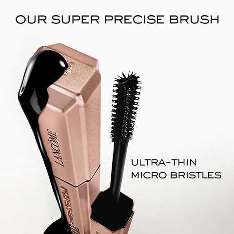 Image 1 - A black mascara brush with ultra-thin micro bristles is shown next to a rose gold tube labeled Lancôme, with the text OUR SUPER PRECISE BRUSH and ULTRA-THIN MICRO BRISTLES displayed in bold above and below.
Image 2 - A grid of six close-up images showing the transformation of eyelashes, with one row labeled Before and the other After, illustrating the difference in length and fullness, accompanied by text stating UP TO +5.5MM VISIBLY LONGER LASHES* and a note at the bottom indicating *INSTRUMENTAL TEST ON 28 WOMEN.