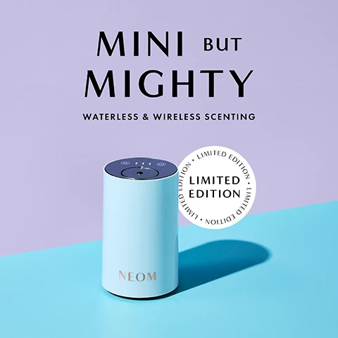 Image 1 - A light blue, cylindrical device labeled NEOM is shown on a teal surface, with the text MINI BUT MIGHTY WATERLESS & WIRELESS SCENTING above and a circular label stating LIMITED EDITION nearby.
Image 2 - A light blue essential oil diffuser with the text NEOM on it is placed next to a small brown bottle labeled NEOM and a beige box with blue accents, while the background features the text BOOST YOUR WELLBEING WITH 100% NATURAL FRAGRANCES.
Image 3 - Three cylindrical containers in black, light blue, and pale pink are displayed on a peach-colored surface against a pink background, with the text AVAILABLE IN 3 COLOURS above them.
Image 4 - A hand holding a white diffuser with a brown lid, while inserting a small brown essential oil bottle labeled NEOM into the top, set against a pink background; visible text includes WATERLESS AND WIRELESS and Simply screw in your chosen Essential Oil Blend bottle and diffuse.