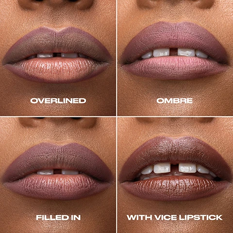Image 1 - A close-up of four different lip makeup styles displayed in a grid format: the top left shows overlined lips, the top right shows ombre lips, the bottom left shows filled-in lips, and the bottom right shows lips with Vice lipstick, with visible text labels for each style.
Image 2 - Image of three makeup pencils with a pink background, featuring text that reads WHY YOULL LOVE IT SHADE, SHAPE, AND DEFINE followed by checkmarks for SMOOTH GLIDE APPLICATION, TRANSFER-RESISTANT, and WATERPROOF.