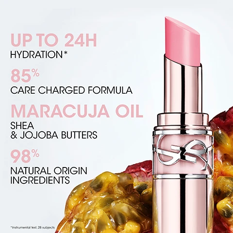 Image 1 - A pink lipstick tube is shown with a glossy finish, placed next to a pile of passion fruit; the visible text includes UP TO 24H HYDRATION*, 85% CARE CHARGED FORMULA, MARACUJA OIL, SHEA & JOJOBA BUTTERS, and 98% NATURAL ORIGIN INGREDIENTS.
Image 2 - Image shows three types of YSL LoveShine lip products displayed above their respective swatches on lips, with descriptions of texture, shine, and color coverage ratings below, featuring the text YSL LOVESHINE at the top and detailed categories for each product.