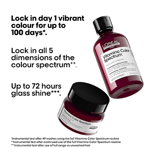 Image 1 - Image shows a LOréal Professionnel product display featuring a shampoo bottle and a jar labeled Vitamin Color Spectrum with a white background, along with promotional text highlighting benefits such as Lock in day 1 vibrant colour for up to 100 days, Lock in all 5 dimensions of the colour spectrum, and Up to 72 hours glass shine.
Image 2 - Image of a bottle of LOréal Professionnel Vitaminio Color Spectrum hair serum with product claims listed on the background, which include locks in glass shine for up to 72 hours, anti-frizz and anti-humidity, protect hair against UV damage, and heat protection up to 230°C.
Image 3 - A model with long, vibrant pink hair showcases the text New Proven Efficacy on the 5 colour dimensions* which includes points about shine, colour richness, contrast, tone, and brightness.
Image 4 - A colorful, abstract orb with flowing shapes against a black background, featuring the text THE TECH, Ferulic Acid + Citric Acid 2,5%, Locks dyes into the fiber*, and a note at the bottom stating *With full Vitamino Color Spectrum system.
Image 5 - Image showing two pairs of womens hairstyles before and after treatment; the left pair features long, straight vibrant pink hair, while the right pair displays bouncy, curly blonde hair; there is product information that reads Vitamin Color Spectrum for all colored hair and includes images of hair care products at the bottom.
Image 6 - Three hair care products are displayed, including a bottle labeled LOréal Professionnel Paris Vitamino Color Spectrum shampoo, a jar labeled Vitamino Color Spectrum mask, and a pump bottle labeled Vitamino Color Spectrum serum, titled The anti-fading professional routine and numbered steps 01 Cleanse, 02 Moisturise, and 03 Shine.
Image 7 - A smiling man with short hair wearing a black t-shirt stands with his arms crossed beside the text that reads Pro favorites. and a quote about hair transformation, including the handle @marlonjhawkins and the name Marlon Hawkins.
Image 8 - A colorful arrangement of various fruits and flowers is displayed, featuring large yellow lemons, vibrant pink petals, and earthy brown textures, with visible text indicating The fragrance, Citrus notes, Crunchy rhubarb, Rose, and Creamy sandalwood.
