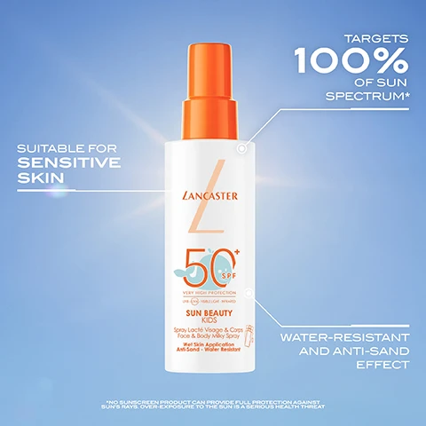 Image 1 - A bottle of Lancaster Sun Beauty Kids spray sunscreen with an orange cap and white body is displayed against a blue sky, featuring text that reads suitable for sensitive skin, targets 100% of sun spectrum, 50+ SPF very high protection, sun beauty kids, spray lacté visage & corps face & body milky spray, wet skin application, anti-sand, and water-resistant.
Image 2 - A bottle of Lancaster Sun Beauty Kids SPF 50+ sunscreen with an orange pump top is shown next to a white cream blob on a light background, featuring text stating 100% feel an immediate hydrating sensation and 100% agree skin is efficiently protected.
Image 3 - A person is applying sunscreen to the back of a childs shoulder, with text that reads APPLY GENEROUSLY ALL OVER THE BODY ON WET OR DRY SKIN BEFORE SUN EXPOSURE.