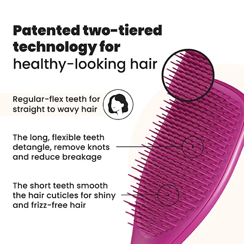 Image 2 - The image shows a pink hairbrush with two-tiered bristles, featuring a magnified inset of the bristles and text explaining its patented technology: Patented two-tiered technology for healthy-looking hair, Regular-flex teeth for straight to wavy hair (depicted with a hair icon), The long, flexible teeth detangle, remove knots and reduce breakage, and The short teeth smooth the hair cuticles for shiny and frizz-free hair. Image 3 - A smiling person with wet, dark hair brushes it downwards with a bright pink detangling brush, alongside text that reads Regular-flex teeth for straight to wavy hair. Image 4 - A fuchsia pink detangling hairbrush is shown next to a list of its benefits: Less breakage for smooth & healthy looking hair, Quick & effortless detangling, Ideal for wet or dry hair, Smooths frizz & flyaways, and Brush through treatments. Image 6 - A before-and-after image shows a persons blonde hair from the back, with the left side labeled BEFORE depicting tangled and frizzy hair, and the right side labeled AFTER showing smoother, less tangled hair, with overlay text stating 75% experienced no tugging, pulling or pain when brushing*, 80% agree that they have fewer knots and tangles*, and a small asterisk note *120 UK respondents aged 16-40 after 2 weeks (2017). Image 7 - An image comparing three hairbrush sizes, Mini, Regular, and Large, with the Regular brush shown in magenta and the others as outlines, all displaying their dimensions and suitable hair types, with text that reads: MINI Fine Straight - Wavy 15.5cm 5.3cm, REGULAR Fine Straight - Wavy Curly - Coily 21.1cm 6.6cm For daily detangling, LARGE Fine Straight - Wavy Thick & Long Curly - Coily 23.6cm 7.9cm.