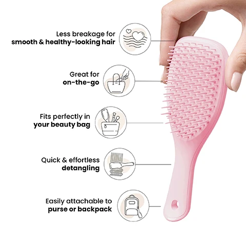 Image 1 - A hand holding a pink hairbrush is featured, with text highlighting its benefits: less breakage for smooth and healthy-looking hair, great for on-the-go, fits perfectly in your beauty bag, quick and effortless detangling, and easily attachable to purse or backpack.
Image 2 - A woman with long, wavy hair holds a pink hairbrush while smiling, with text that reads Regular-flex teeth for straight to curly hair.
Image 3 - A person with long, straight hair is shown from behind, with the left side of their hair appearing frizzy and tangled labeled BEFORE and the right side appearing smooth and straight labeled AFTER, accompanied by the text 97% of users found it gentler on their scalp and 80% agree that they have fewer knots and tangles.
Image 4 - Image showing three hairbrushes labeled Mini, Regular, and Large, each with corresponding dimensions and recommended hair types: Mini (6.1 in x 2.1 in) for fine, straight to curly hair; Regular (8.7 in x 2.6 in) for fine, straight to curly and coily hair; Large (9.3 in x 3.1 in) for fine, straight, thick and long, and curly to coily hair, with a small cosmetic product labeled For on-the-go detangling next to the Mini brush.