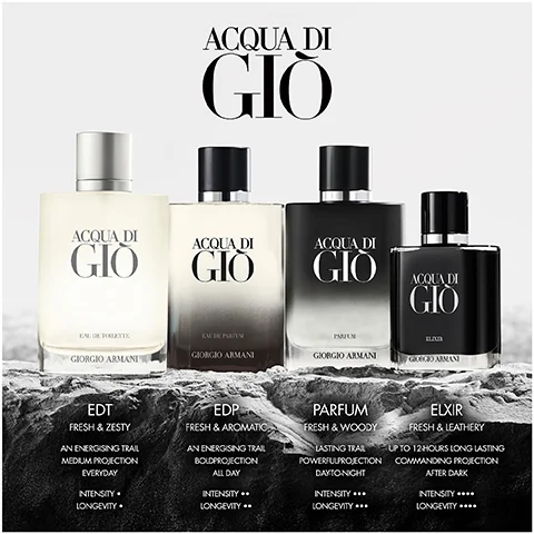 Image 1 - Four bottles of Acqua di Giò fragrances by Giorgio Armani are displayed on a rocky surface, with each bottle labeled: EDT - Fresh & Zesty, EDP - Fresh & Aromatic, Parfum - Fresh & Woody, and Elixir - Fresh & Leathery; visible text also includes descriptions of intensity and longevity for each fragrance.