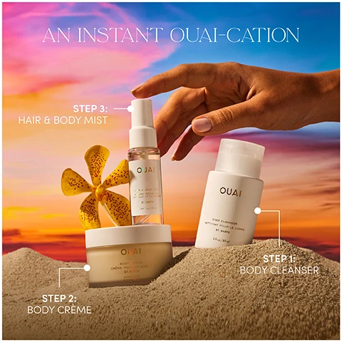 Image 1 - A hand holding a hair and body mist bottle is positioned above three skincare products, including a body cleanser and a body crème, placed in sand with a sunset background, with text reading AN INSTANT OUI-CATION, STEP 1: BODY CLEANSER, STEP 2: BODY CRÈME, and STEP 3: HAIR & BODY MIST.
Image 2 - A woman in a golden bikini sprays perfume while sitting against a vibrant sunset, with text that reads SMELLS LIKE... YOURE OUT OF OFFICE EVERY HOUR IS HAPPY HOUR YOUR ROOM HAS AN OCEAN VIEW.
Image 3 - A sliced dragon fruit with pink skin and white flesh is positioned beside a sliced orange and a sprig of flowers against a soft pink background, with text reading OUAI ST. BARTS and NOTES OF: DRAGON FRUIT | ORANGE BLOSSOM | TUBEROSE | MUSK.