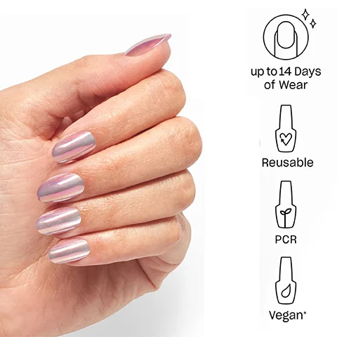 Image 1 - A hand with manicured nails painted in a shiny, iridescent pink color is shown on the left, while the right side displays icons and text indicating up to 14 Days of Wear, Reusable, PCR, and Vegan*.
