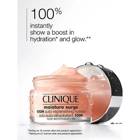 Image 1 - A close-up image of a jar of Clinique Moisture Surge, a lightweight gel-cream moisturizer, featuring the products label and text that states 100% instantly show a boost in hydration* and glow.**
Image 2 - A hand holds a metallic, iridescent tube labeled Clinique Even Better Light Reflecting Primer, with four steps for application visible on the right: Step 1 Apply a thin layer to clean skin. Step 2 Blend in with fingertips. Step 3 Wait one minute for formula to dry. Step 4 Follow with makeup, or wear alone for a natural glow.