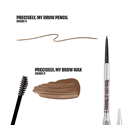Image 1 - Image shows two brow products: a brow pencil on the right with a thin line of product drawn next to it, and a brow wax on the left with a spoolie brush, both labeled as Precisely, My Brow Pencil and Precisely, My Brow Wax in Shade 4.
Image 2 - A close-up view of a womans face split into two halves showing the difference in her appearance before and after using a brow pencil; the left side is labeled BEFORE and the right side is labeled OH-SO-PRECISION, with text at the bottom stating Model is wearing Precisely, My Brow Pencil Shade 4.
Image 3 - Image showing a close-up of a womans face split into two halves: the left side labeled BEFORE shows her natural look, while the right side labeled SERIOUSLY SCULPTED showcases a sculpted appearance with enhanced makeup; visible text at the bottom states Model is wearing Precisely, My Brow wax Shade 4.