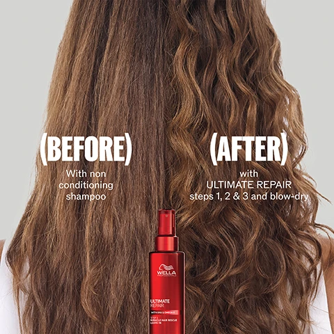 Image 1 - Split image shows hair before and after treatment with text (BEFORE) With non conditioning shampoo and (AFTER) with ULTIMATE REPAIR steps 1, 2 & 3 and blow-dry. Image 2 - A red bottle with a spray top against a red background with text that reads REPAIR HAIR DAMAGE IN 90 SECONDS WELLA PROFESSIONALS. Image 3 - Image showing the old and new designs of a red Wella Ultimate Repair bottle with the text NEW DESIGN SAME GREAT FORMULA WELLA PROFESSIONALS ULTIMATE REPAIR MIRACLE HAIR RESCUE with AHA & Omega-9 Instant long-lasting repair and protection inside and out 30 ML 1 FL OZ and WELLA PROFESSIONALS ULTIMATE REPAIR STEP 3 MIRACLE HAIR RESCUE LEAVE-IN with AHA & Omega-9 30 ML 1 FL OZ. Image 4 - Black bottle of OPI Repair Mode nail serum with text OPI Repair Mode KERATIN REPAIR NAIL SERUM VEGAN FORMULA 9 ml. Image 5 - A bottle of O.P.I Repair Mode nail serum with its applicator brush is on a green background with water droplets showing the text O.P.I Repair Mode BOND BUILDING NAIL SERUM / SERUM RESTRUCTURANT POUR ONGLES 9mL / 0.3 fl. oz. 99% Nail Keratin Repair*. Image 6 - A before and after image comparison of a fingernail with the text BEFORE, AFTER*, and When used as directed.