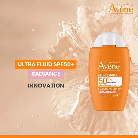 Image 1 - An orange bottle of Avène Ultra Fluid SPF50+ sunscreen is shown with splashing liquid and text overlays. Text reads EAU THERMALE Avène LABORATOIRE DERMATOLOGIQUE ULTRA FLUID SPF50+ RADIANCE INNOVATION EAU THERMALE Avène ULTRA FLUID SPF 50+ MAX BLUE LIGHT TRÈS HAUTE / VERY HIGH PROTECTION 1 SECOND ABSORPTION ÉCLAT/RADIANCE 50ml e Made in France. Image 2 - Close-up of three women with different skin tones alongside the text FOR ALL SKIN TYPES and the Avène EAU THERMALE LABORATOIRE DERMATOLOGIQUE logo in the corner. Image 3 - A luminous background with a translucent bubble graphic featuring text reading CLINICALLY PROVEN PROTECTION UVB/UVA, BLUE LIGHT & SKIN AGEING, the Avène logo EAU THERMALE Avène LABORATOIRE DERMATOLOGIQUE, and small text at the bottom reading ¹In vitro filtering study carried out on the TriAsorB filter. April 2022. Image 4 - A person holds an orange bottle of sunscreen near their face, with visible text reading EAU THERMALE Avène LABORATOIRE DERMATOLOGIQUE Avène ULTRA FLUID I SECOND ABSORPTION PURE RADIANCE 50 SPF CLINICALLY PROVEN 8H RADIANT SKIN* *Clinical study - 20 subjects - 27-64 years old - HI Kinetics. Image 5 - Image shows a close-up of a face with freckles and an orange Avène sunscreen bottle, with text reading Eau Thermale Avène, ULTRA LIGHT TEXTURE, TINTED GLOW, ULTRA FLUID 50+, SPF UVB UVA, HEIV VISIBLE HIGH ENERGY BLUE LIGHT, 1 SECOND ABSORPTION, ECLAT/RADIANCE, Made in France, 50ml. Image 6 - Image shows four bottles of Avène Ultra Fluid sunscreen with text including EAU THERMALE AVÈNE LABORATOIRE DERMATOLOGIQUE ULTRA FLUID RANGE 100% FIT FOR ALL ROUTINES Apply daily in all weather conditions RECOMMENDED BY DERMATOLOGISTS.