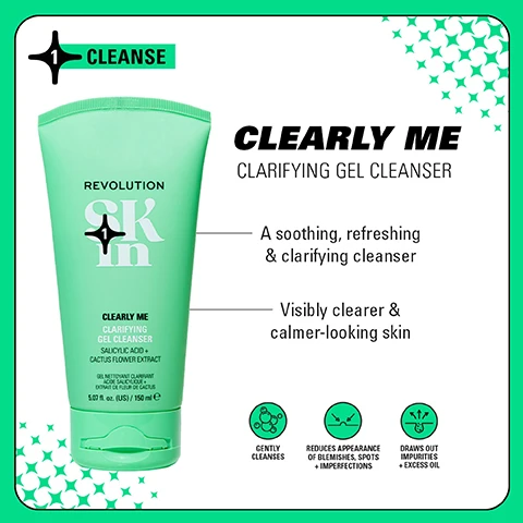 Image 1 - A green tube of Revolution Clearly Me Clarifying Gel Cleanser with text that reads Clearly Me and Clarifying Gel Cleanser alongside benefits like Gently cleanses, Reduces appearance of blemishes, spots & imperfections, and Draws out impurities & excess oil.
Image 2 - An image of a green bottle of toner labeled PORE PLAYER above the words CLARIFYING BHA TONER and details indicating it is formulated for blemish-prone skin and contains 2% salicylic acid; additional icons suggest benefits like exfoliating and calming skin, reducing the appearance of pores, and balancing excess oil.
Image 3 - A green bottle of Clear Canvas Clarifying Serum with a white label, featuring text that highlights its benefits: gently exfoliates, clarifies and smooths for clearer, calmer skin, along with icons stating it reduces redness, reduces appearance of blemishes, balances excess oil, and reduces appearance of pores.
Image 4 - Image comparison showing a womans face side by side; the left side labeled BEFORE shows her skin with visible blemishes, while the right side labeled AFTER 4 WEEKS shows clearer skin, with a green product set labeled Clearly Clarify 4-Step Routine at the bottom.
Image 5 - Image shows a side-by-side comparison of a womans face, with the left labeled Before showing a face with some blemishes, and the right labeled After 8 Weeks showing a clearer complexion, accompanied by a green skincare product display labeled Clearly Clarify 4-Step Routine.
Image 6 - Image shows four groups of skincare products on colorful backgrounds: the top left features orange items labeled Be Bright with text glow boosting formulas for brighter skin, top right has blue items labeled Happy Hydrate with text skin quenching formulas to hydrate, bottom left displays teal items labeled Clearly Clarify with text expert formulas for blemish-prone skin, and bottom right includes pink items labeled Go Gentle with text soothing formulas for barrier support.