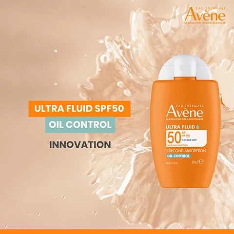 Image 1 - An orange bottle of Avene Ultra Fluid SPF50 sunscreen with liquid splashing behind it, with visible text reading EAU THERMALE Avène LABORATOIRE DERMATOLOGIQUE ULTRA FLUID SPF50 UVA UVB BLUE LIGHT NATURAL HIGH PROTECTION 1 SECOND ABSORPTION OIL CONTROL Made in France 50ml e ULTRA FLUID SPF50 OIL CONTROL INNOVATION. Image 2 - Close up of three womens faces with different skin tones with text FOR ALL SKIN TYPES and EAU THERMALE Avène LABORATOIRE DERMATOLOGIQUE. Image 3 - Close-up of a womans face next to an orange bottle of Avene Ultra Fluid sunscreen with text overlays including Eau Thermale Avène Laboratoire Dermatologique ULTRA LIGHT TEXTURE MATTIFYING and bottle text Eau Thermale Avène ULTRA FLUID 50+ UVA UVB BLUE LIGHT 1 SECOND ABSORPTION OIL CONTROL 50 ml e Made in France. Image 4 - Image shows four bottles of Avène Ultra Fluid sunscreen with text that reads ULTRA FLUID RANGE 100% FIT FOR ALL ROUTINES Apply daily in all weather conditions RECOMMENDED BY DERMATOLOGISTS.