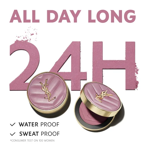 Image 1 - A promotional image featuring a circular cosmetic container with a lid, displaying a soft pink blush and the YSL logo, accompanied by large pink text reading 24H and ALL DAY LONG, with additional text stating WATER PROOF and SWEAT PROOF.