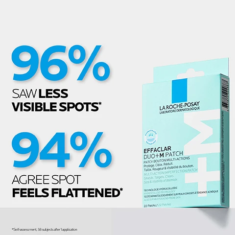 Image 1 - Image of a La Roche-Posay product box for Effaclar Duo+M Patch featuring statistics stating 96% saw less visible spots and 94% agree spot feels flattened, with minor text that includes self-assessment details, “22 Patches.”
Image 2 - The image shows a product box from La Roche-Posay for a multi-action patch designed to reduce blemishes, with visible text stating 3H MULTI-ACTION PATCH SHIELDS. TARGETS. CLEARS. and CLINICALLY PROVEN TO VISIBLY REDUCE SPOTS.
Image 3 - An image of a blue and white product box labeled La Roche-Posay Effaclar Duo+M Patch, with prominent text reading Hydrocolloid Technology and 420 µM Tech for optimal absorption + skin repair.
Image 4 - The image shows three skincare products from La Roche-Posay: a blue tube of Effaclar Purifying Foaming Gel labeled as number 1, a white tube of Effaclar Duo+M Moisturiser labeled as number 2, and a blue and white box of Effaclar Duo+M Patch labeled as number 3.
Image 5 - An image comparing two La Roche-Posay products for managing mild spots: the Effaclar Duo+M Moisturiser, a tube, and the Effaclar Duo+M Patch box, highlighting their ingredients and benefits; visible text includes product descriptions, ingredients like salicylic acid and niacinamide, and their uses such as daily moisturiser and multi-action patch.
Image 6 - A hand holding a transparent pack of circular patches labeled Effaclar Duo + M Patch for blemish-prone skin, with additional text stating Also suitable for skin prone to acne & sensitive skin.
Image 7 - The image shows a box of La Roche-Posay Effaclar Duo+M Patch with a partially visible plastic sheet containing circular patches, along with the text #1 DERMATOLOGIST RECOMMENDED BRAND IN THE UK* and details about the product on the packaging.