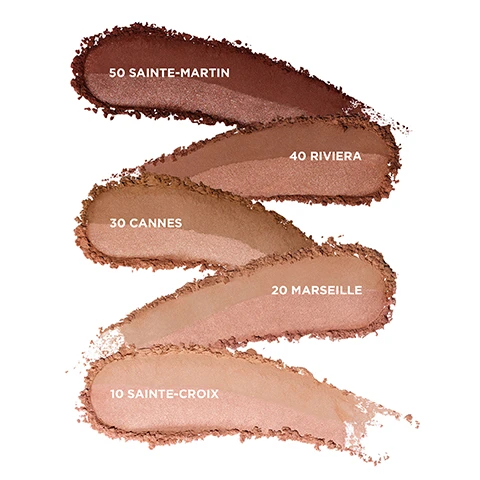 Image 1 - Image shows five swatches of makeup in varying shades of brown and beige, labeled from top to bottom as 50 SAINTE-MARTIN, 40 RIVIERA, 30 CANNES, 20 MARSEILLE, and 10 SAINTE-CROIX.
Image 2 - Image features five model faces displaying different makeup looks, with skin tones ranging from light to deep; visible text includes shade names 10 Sainte-Croix, 20 Marseille, 30 Cannes, 40 Riviera, 50 Sainte-Martin, and an embossed logo reading LV.
Image 3 - Three arms are shown displaying a range of foundation swatches in various skin tones, labeled from left to right with the names Sainte-Croix, Marseille, Cannes, Riviera, Sainte-Martin, and numbered from 10 to 50.
Image 4 - A product display featuring a compact of Laura Mercier makeup with a wavy, textured background and four additional product boxes, accompanied by promotional text highlighting features such as Soft Warmth, Radiance and Definition in One Step, 12HR Longwear, Smooth, Blurred Finish, and Talc-Free.
Image 5 - A makeup product compact is shown, featuring a soft matte shade labeled SCULPT for definition on the left and a luminous rose shade labeled GLOW for warmth on the right, with the text Lit-From-Within Warmth and Radiance and the brand name Laura Mercier displayed prominently.
Image 6 - A close-up portrait of a woman with smooth skin and dark hair, accompanied by text instructions for applying makeup products including Lauras One-Step Bonne Mine and Lauras Traditional Bonne Mine, which detail techniques for using an angled cheek contour brush and applying shades to various facial areas.
Image 7 - A chart titled Find Your Flawless displaying recommendations for makeup products, featuring sections for IF YOU WEAR with tinted moisturizers and TRY with foundations, alongside a BRONZE COLOR INFUSION section at the bottom, listing various shades and their corresponding names.
Image 8 - Image shows a close-up of a womans face, comparing her skin appearance before and after using a product, with text labels Before on the left and After on the right, and 30 CANNES below the images.