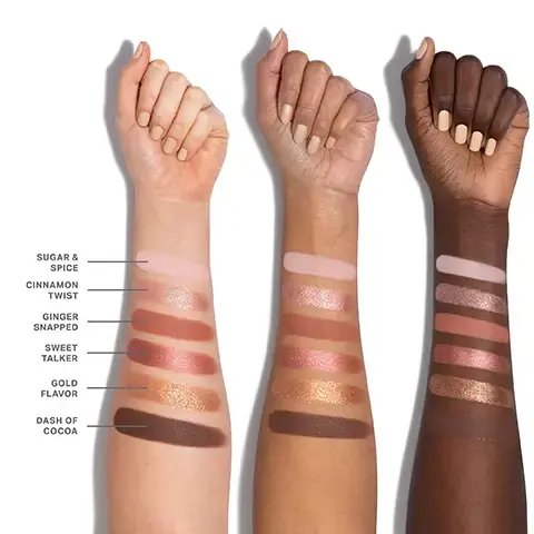 Image 1 - Three arms with different skin tones show swatches of eyeshadow shades labeled from left to right as Sugar & Spice, Cinnamon Twist, Ginger Snapped, Sweet Talker, Gold Flavor, and Dash of Cocoa.
Image 2 - The image shows six mineral eyeshadow shades arranged in two rows, with color numbers and names underneath each shade: 01 Sugar & Spice, 02 Cinnamon Twist, 03 Ginger Snapped, 04 Sweet Talker, 05 Gold Flavor, and 06 Dash of Cocoa.
Image 3 - A close-up of an eye featuring shimmery eyeshadow in warm tones with prominent eyelashes, and a palette showing three shades labeled 01, 02, and 03 below.
Image 4 - A close-up image of a womans eye showcasing shimmery rose and gold eyeshadow, with the eyelid embellished in glittery hues, and a color palette at the bottom displaying shades labeled 01, 03, and 05.
Image 5 - An image showcasing different shades of makeup powder with text that reads: The power of Chromaplus blend, Pigment-packed performance, High-impact color in a single swipe, All-day, creaseproof wear, Vibrancy that stays put—no creasing or fading, Luxurious blendability & buildability, Nonpatchy, seamless application and a silky-smooth feel.
Image 6 - Image depicts three makeup palettes with vibrant packaging featuring green and orange gradient designs, along with text that reads INFINITE BUT COMPACT CURATIONS, NEXT-GEN FORMATS, ENDLESS EXPRESSION, and READY WHEN YOU ARE.
Image 7 - Image showcases three sections of different cosmetic textures: the top section labeled SEAMLESS MATTES shows smooth, creamy powder, the middle section labeled LUMINOUS SHIMMERS features a sparkling, shimmery texture, and the bottom section labeled ULTRAREFLECTIVE MOLTEN METALS displays a reflective metallic substance; each section includes descriptive text about their application and finish. Image 8 - A swatch of pink metallic eyeshadow and an open palette with six eyeshadow pans, one showing a split view of the metallic shade applied dry and wet, with the Morphe logo, and the text MEET MOLTEN METAL EYESHADOW Exclusive formula-flexing shadow in ChromaPlus 6-Pan Eyeshadow Palettes Apply dry for luminous effects Apply wet for molten-like shine Just spray your brush tip with Continuous Setting Mist before picking up and gliding along lash lines or creases MORPHE M.