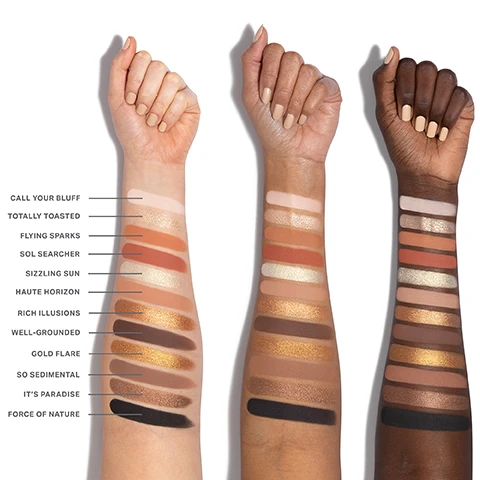Image 1 - Three arms show swatches of various makeup shades, with a range of colors from light to dark, labeled with names including Call Your Bluff, Totally Toasted, and Force of Nature.
Image 2 - A display of twelve makeup shades arranged in a grid format, each with a unique color and texture, labeled with numbers and names, including shades like Call Your Bluff, Sizzling Sun, and Gold Flare.
Image 3 - A close-up of an eye showcasing a smoky eye makeup look with shades of brown and black, featuring visible color swatches labeled 01, 06, 08, and 12 at the bottom.
Image 4 - Close-up of a womans eye showcasing makeup with a gold and bronze eyeshadow, featuring long eyelashes and well-groomed eyebrows, with color swatches labeled 01, 03, 05, and 09 below.
Image 5 - Image showing three swatches of makeup products in various shades of brown and pink, with text describing the benefits of Chromaplus Blend: pigment-packed performance, all-day creaseproof wear, and luxurious blendability and buildability.
Image 6 - A display of three eyeshadow palettes from Morphe, showcasing various shades with intricate designs on the lids, accompanied by text highlighting features such as next-gen formats, endless expression, and on-the-go application.
Image 7 - An image featuring three sections highlighting different makeup finishes: Seamless Mattes, which shows a soft pink texture with descriptive text about its blendability; Luminous Shimmers, displaying a radiant pink shimmer texture with text about its brightness; and High-Shine Metallics, showcasing a sparkling pink metallic texture accompanied by text on its light-catching properties.